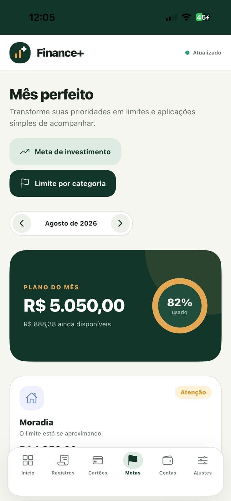 Tela de metas com plano do mês