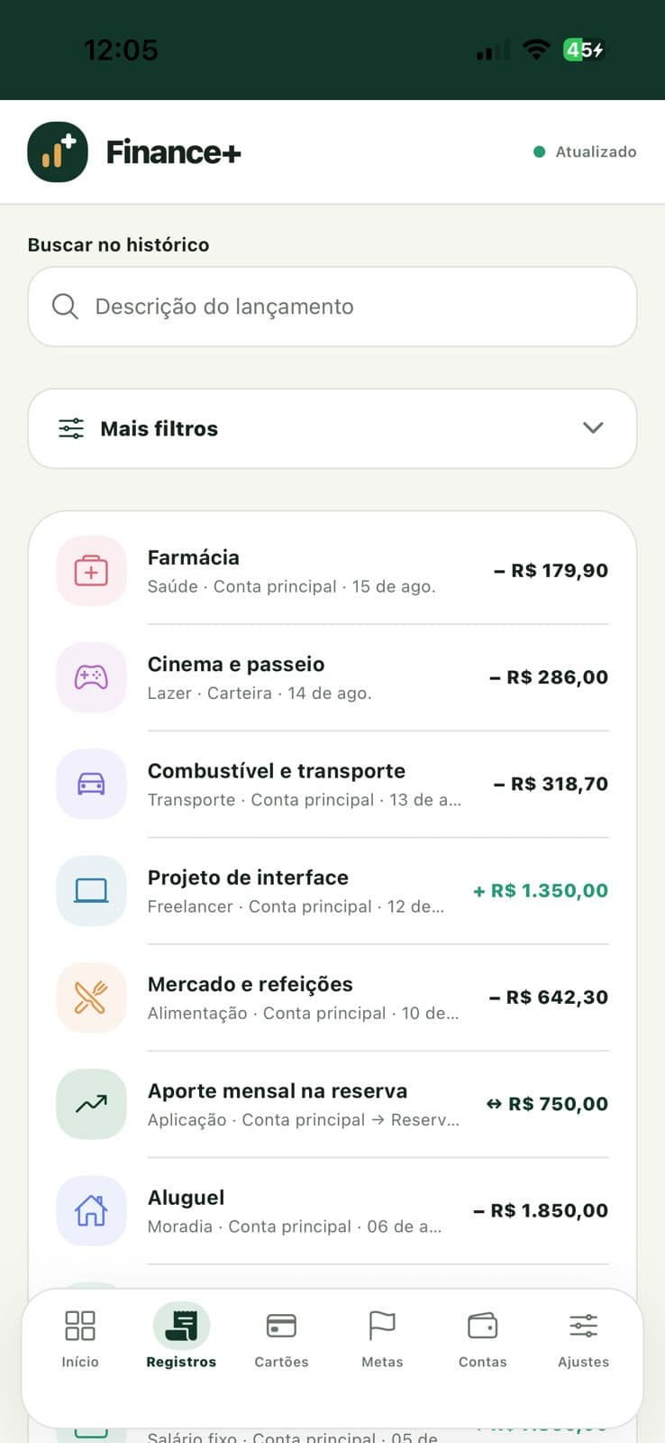 Tela de registros com histórico de lançamentos